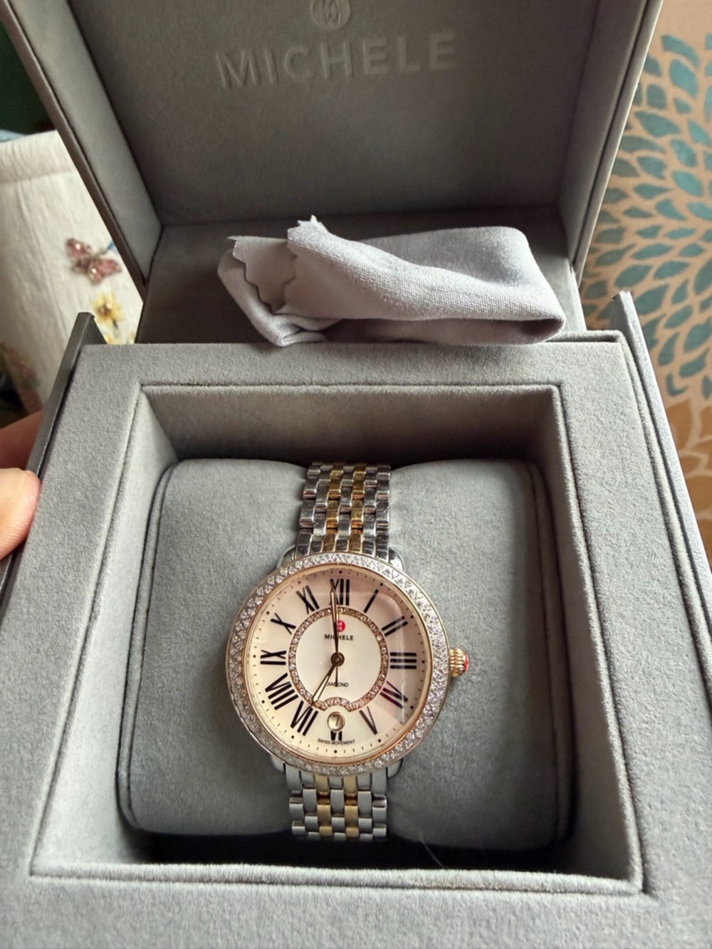Michele Two-Tone Crystal Bezel Watch with Pink Mother-of-Pearl Dial - Picture 2 of 3